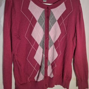 Willow Bay Elegant Argyle Cardigan Sweater - Pink and Gray